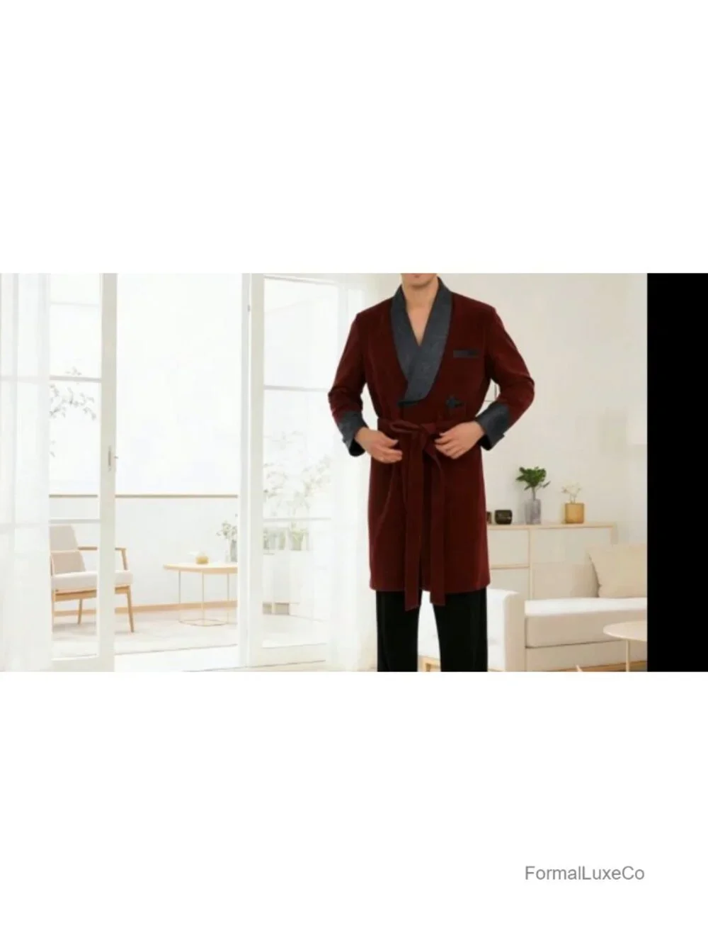 Men's Velvet Smoking Jacket Quilted Lapel Double Breasted Long Coat with Belt
